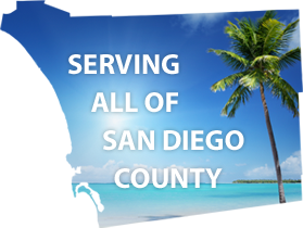 image of San Diego County outline filled with sunny sky, clear water and palm tree to show Pacific Backflow is Serving all of San Diego County